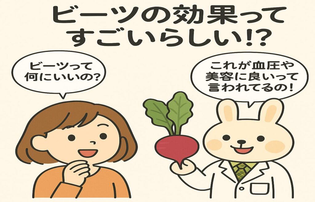 ビーツの効果ってすごいらしい!?」というタイトルのイラスト。すずちゃん（オレンジの服）が『野菜不足で肌の調子も気になるんだけど…』と相談し、みどりん（白衣のうさぎ）がビーツを持って『ビーツには血圧や美容にいいって言われてる成分があるんだよ！』と答えている。背景は淡いベージュ色でやさしい雰囲気。